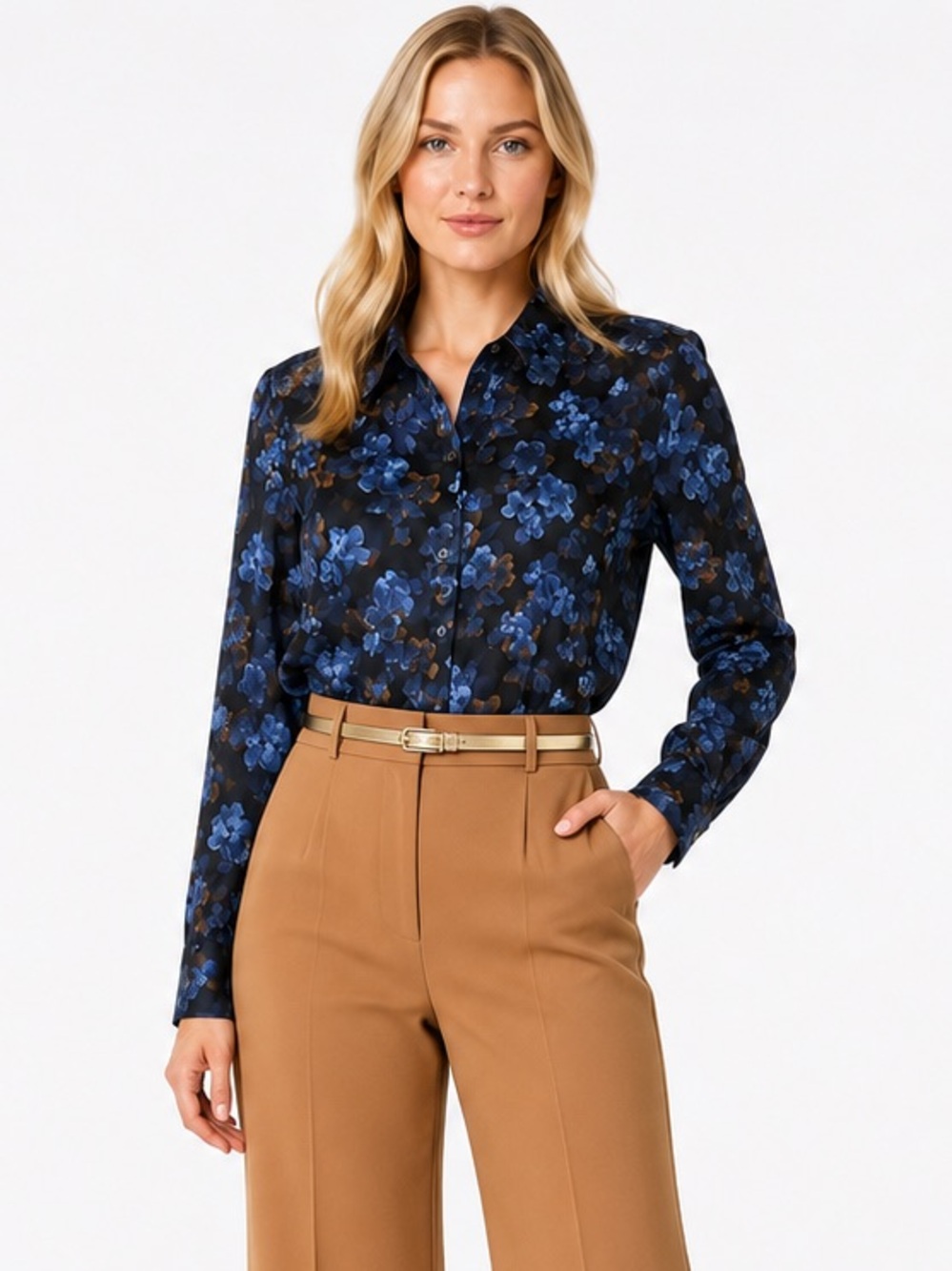 Elie Tahari NWT Navy Blue Floral Silky Button Down Blouse Small Petite